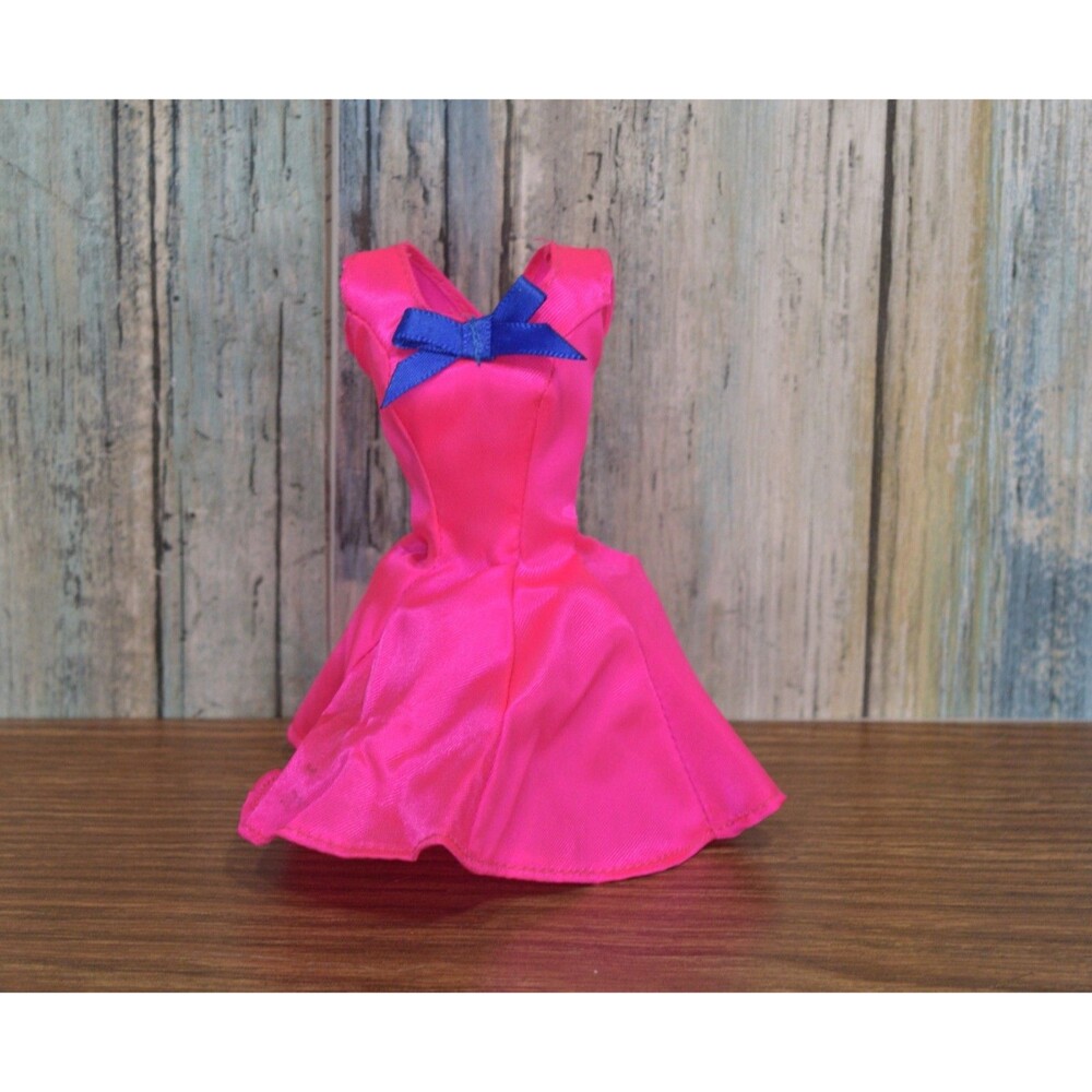 Barbie Fashion Doll Clothes Dress Hot Pink Satin Blue Bow Party Dress Outfit